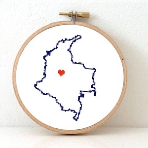 Patrón de punto de cruz mapa de Colombia / Arte de Colombia con mapa de Bogotá capital / Estampado de Colombia. Arte colombiano. Regalo colombiano / boda colombiana