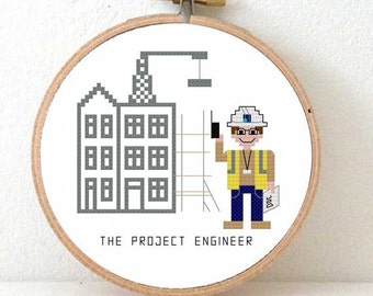 2 x Project engineer cross stitch pattern. Male and Female engineer gift ideas. easy cross stitch designs for beginners.