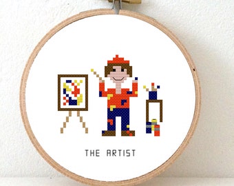 2 x artist Cross stitch pattern contemporary artist working in an atelier. female and male painter gift idea | creative gifts for creatives