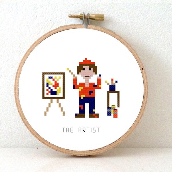 2 x artist Cross stitch pattern contemporary artist working in an atelier. female and male painter gift idea | creative gifts for creatives