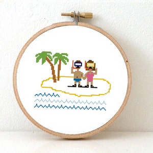 BEACH Cross Stitch Pattern. summer decor pattern. DIY Wedding gift for divers. Island ornament pattern. Snorkling couple image 1