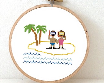 BEACH Cross Stitch Pattern. summer decor pattern. DIY Wedding gift for divers. Island ornament pattern. Snorkling couple