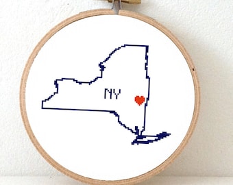 New York Map Cross Stitch Pattern. NY State Needlepoint pattern with Albany. USA decor. Wedding gift