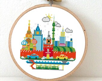 Sunny Modern Moscow- Modern Cross Stitch Pattern. Embroidery pattern PDF to make Moscow cityscape. Instant Download.