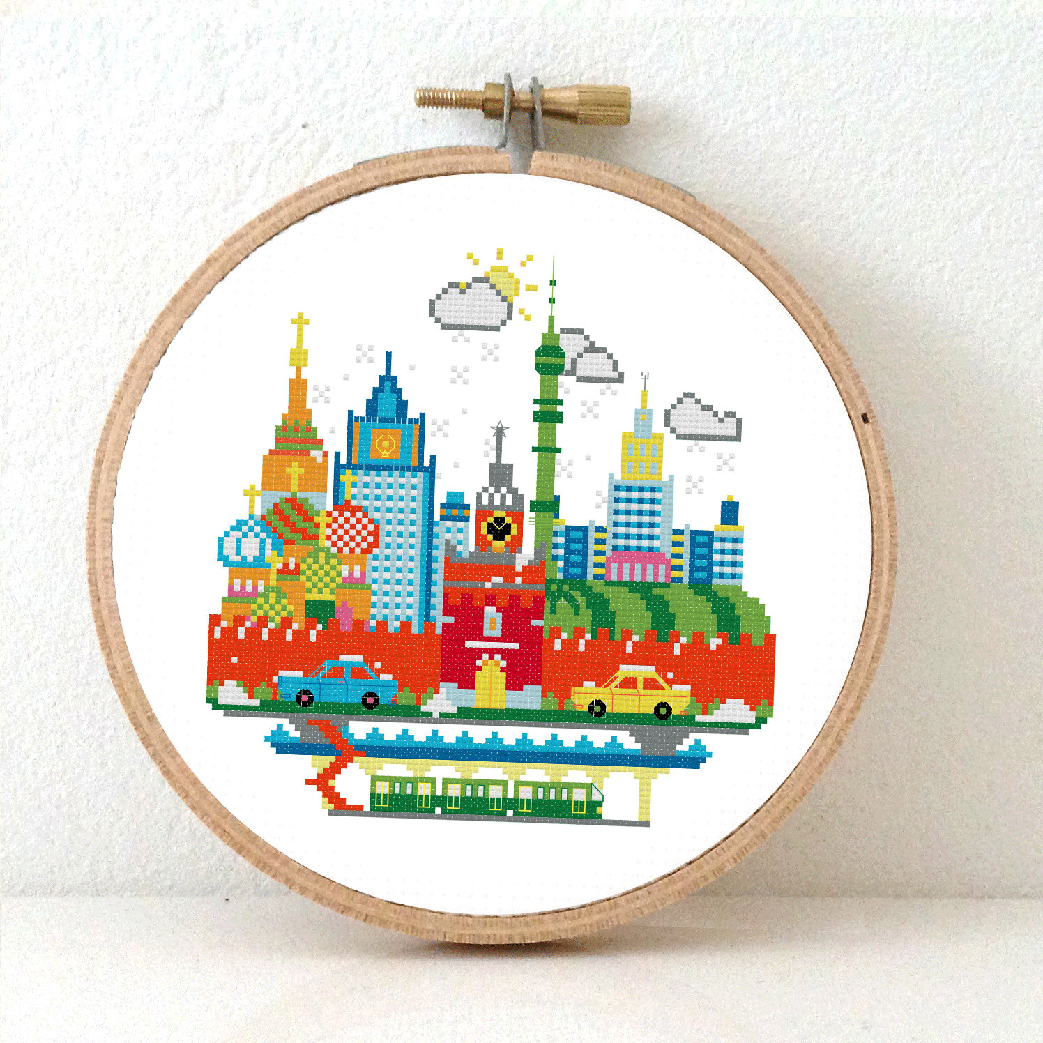 Modern Cross Stitch Pattern Sunny Modern Moscow Embroidery pattern PDF to make Moscow cityscape Instant Download.