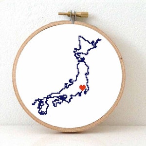 JAPAN Karte gezählt Kreuzstichmuster. Japankunst. Home is where the heart is. Tokio Herz. Geschenk Übersee Japaner.
