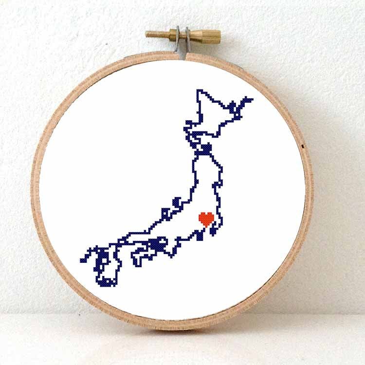 JAPAN map counted cross stitch pattern. Japan art. Home is where the heart is. Tokio heart. Gift overseas Japanese.