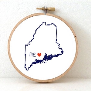 MAINE Map Cross Stitch Pattern. Maine art pattern with Augusta. Maine ornament pattern. ME decor. Wedding gift. Maine state