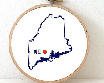 MAINE Map Cross Stitch Pattern. Maine art pattern with Augusta. Maine ornament pattern. ME decor. Wedding gift. Maine state