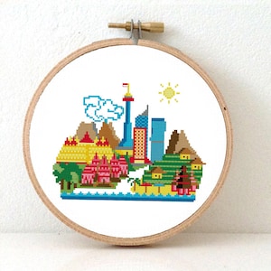 Sunny Modern Indonesia- Modern Cross Stitch Pattern. Embroidery pattern PDF to make Indonesia Bali Java travel souvenir. Instant Download.