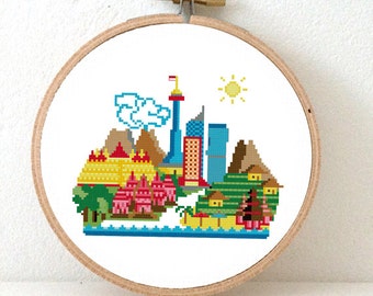 Sunny Modern Indonesia- Modern Cross Stitch Pattern. Embroidery pattern PDF to make Indonesia Bali Java travel souvenir. Instant Download.