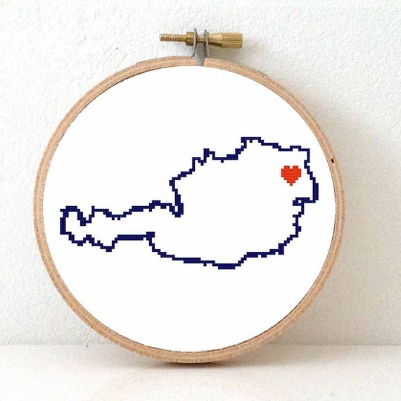 AUSTRIA Map Cross Stitch Pattern. Austria Hand Embroidery pattern with Vienna. Austria poster. Austria art. Austrian cross. Österreich karte