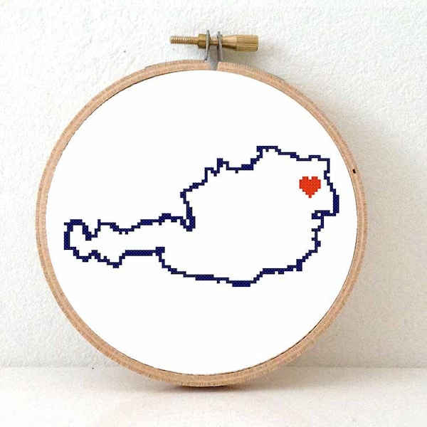 AUSTRIA Map Cross Stitch Pattern. Austria Hand Embroidery pattern with Vienna. Austria poster. Austria art. Austrian cross. Österreich karte