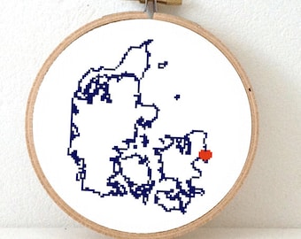 Denmark Map Cross Stitch Pattern. Hand embroidery pattern highlighting Copenhagen. Scandinavian diy project.