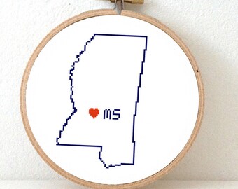 MISSISSIPPI Map Cross Stitch Pattern. Mississippi state embroidery pattern. Mississippi ornament pattern with Harford. MS decor.