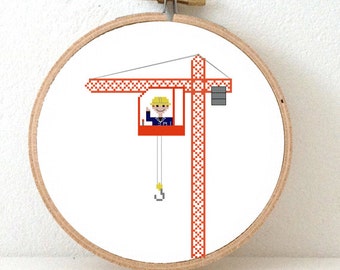 2 x crane operator cross stitch pattern | Gift for boy | Crane embroidery decor | Operator gift | Crane toy illustration