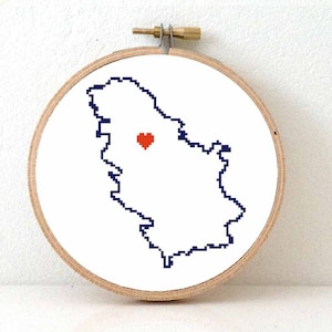 Mappa SERBIA schema punto croce moderno / Serbia con cuore per Belgrado / Regalo serbo / Regalo per amico serbo