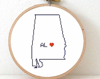 ALABAMA Map Cross Stitch Pattern. ALABAMA ornament pattern with Montgomery. USA decor. Wedding gift.