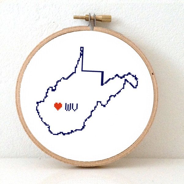 WEST VIRGINIA Map Cross Stitch Pattern. West Virginia art pattern. West Virginia ornament pattern with Charleston. WV decor. Wedding gift.