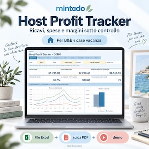 Puede incluir: Una pantalla de portátil que muestra el panel de control Host Profit Tracker con datos financieros, gráficos y diagramas para la gestión de B&B y alquileres vacacionales. Incluye iconos para archivos Excel, PDF y una demostración.