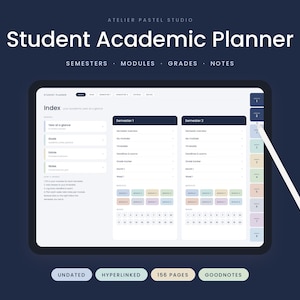 Peut inclure: Un planificateur académique numérique pour étudiant affiché sur l'écran d'une tablette avec un stylet blanc. L'interface comprend un index, des aperçus de semestres, des modules et des suivis de notes. La mise en page inclut des onglets colorés.