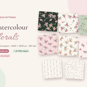 Watercolor Floral Seamless Pattern, Digital Paper Pack, Commercial Use, Pink Rose Fabric Pattern, Sage Floral Background, PNG Clipart