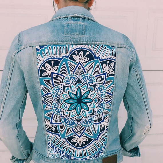 Mandala Denim Jacket Sunflower Hand Painted Recycled Denim Jacket Eco Psychedelic Jacket Third Eye Repurposed Denim All Seeing Eye