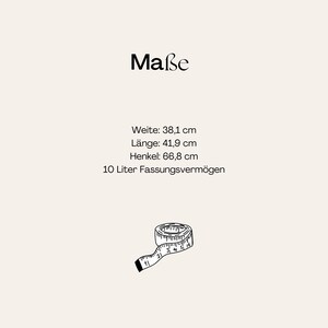 May include: A graphic displaying measurements with the text Ma&szlig;e, Weite: 38.1 cm, L&auml;nge: 41.9 cm, Henkel: 66.8 cm, and 10 Liter Fassungsverm&ouml;gen. Below the text is a black and white line drawing of a coiled measuring tape with visible markings.