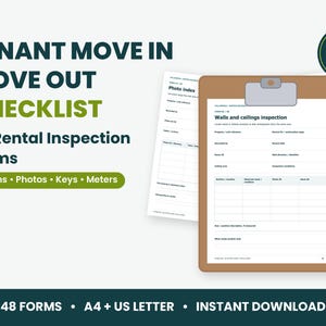Puede incluir: Un conjunto de 48 formularios de inspección de alquiler para listas de verificación de entrada y salida. Los documentos incluyen secciones para índice de fotos, inspección de paredes y techos, habitaciones, llaves y medidores. Texto: 48 FORMS, A4 + US LETTER.