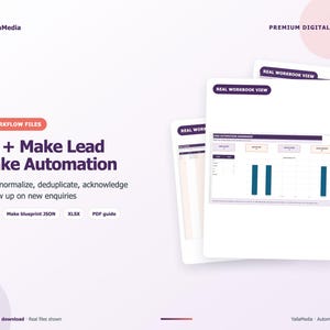 May include: A digital product display featuring n8n and Make Lead Intake Automation workflow files. The graphic includes text labels for n8n JSON, Make blueprint JSON, XLSX, and PDF guide, alongside visual previews of a lead automation dashboard.