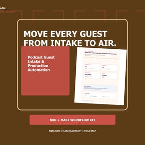 May include: A digital product graphic with a brown background featuring the text MOVE EVERY GUEST FROM INTAKE TO AIR. It includes a red box labeled Podcast Guest Intake & Production Automation, a document preview, and a button labeled N8N + MAKE WORKFLOW KIT.