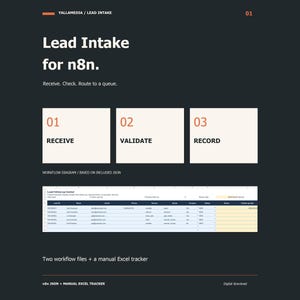 n8n Lead Intake Workflow Templates, Manual Excel Lead Tracker, JSON Demo and Webhook, Digital Download