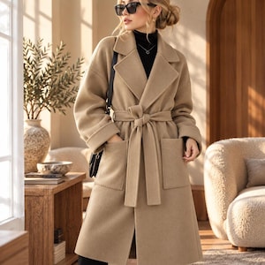 Long Wool Coat, Oversized Belted Winter Overcoat with Wide Lapels and Front Pockets