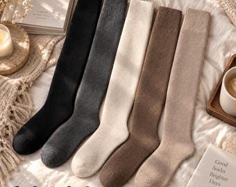 Thigh High Socks, Women's Wool Over Knee Style With Ribbed Cuffs