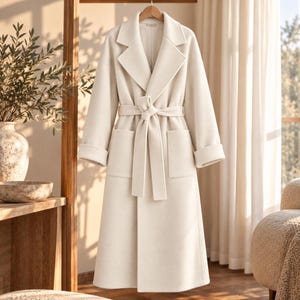 Long Wool Coat, Oversized Belted Wrap Overcoat with Wide Lapels and Front Pockets