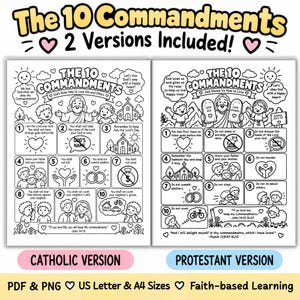 May include: Two black and white printable coloring pages titled The 10 Commandments, featuring a Catholic version and a Protestant version. Each page contains numbered illustrations and text depicting religious rules, with hearts, suns, and children.