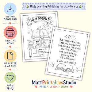 Könnte beinhalten: Zwei schwarz-weiße, ausdruckbare Malvorlagen mit dem Titel Four Gospels und Bibelversen. Die Blätter enthalten Illustrationen eines Kreuzes, einer Taube und offener Bücher. Der Text umfasst Bible Learning Printables for Little Hearts und John 20:31.