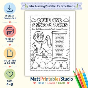 Puede incluir: Una página para colorear imprimible en blanco y negro titulada David and 5 Smooth Stones. Incluye una ilustración lineal de David sosteniendo una honda, un pergamino con el versículo 1 Samuel 17:45 y cinco piedras en blanco para decorar.