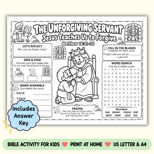 以下が含まれることがあります： 「The Unforgiving Servant Jesus Teaches Us to Forgive Matthew 18:21-35」と題された白黒の印刷可能なアクティビティシート。王と召使いのイラスト、単語探し、単語の並べ替え、祈りのテキストが中央に配置されています。