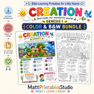 May include: A digital printable bundle titled Creation God made our wonderful world Genesis 1 featuring two activity sheets, one in full colour and one in black and white, with illustrations of animals, children, and educational text for children aged 4-8.