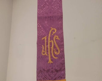 Christian sash with purple brocade fabric and gold fringe trim