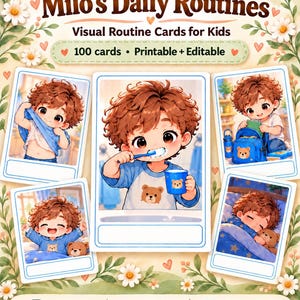 Op de afbeelding: Een digitale downloadset met Milo's Daily Routines visuele routinekaarten voor kinderen. De collectie bevat 100 printbare en bewerkbare kaarten met een stripfiguur met bruin haar die dagelijkse taken uitvoert.