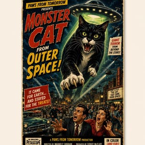 May include: A vintage-style movie poster titled Monster Cat From Outer Space featuring a giant black and white cat descending from a UFO over a city. Below, a man and woman look up in terror. Text includes Paws From Tomorrow and In Color.