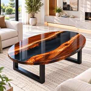 May include: An oval coffee table featuring a natural wood slab with a prominent dark black resin river running through the centre. The tabletop has a glossy finish and is supported by two sturdy black metal U-shaped legs on a flat base.