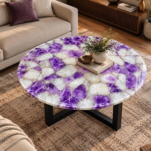 Salontafel van amethist en witte kwarts | Tafel van paarse kristallen | Luxe ronde meubelstukken van edelstenen | Handgemaakte moderne woonkamertafel