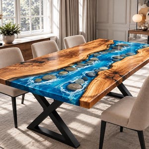 Custom Live Edge Wood Epoxy River Table, Handmade Ocean Wave Dining Furniture