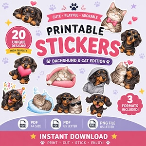 以下が含まれることがあります： ダックスフントと猫のイラストが描かれた印刷可能なステッカーのデジタルシート。テキストには「PRINTABLE STICKERS」、「DACHSHUND & CAT EDITION」、「20 UNIQUE DESIGNS」、「3 FORMATS INCLUDED」、「INSTANT DOWNLOAD」が含まれています。デザインは様々なポーズのペットを描いています。