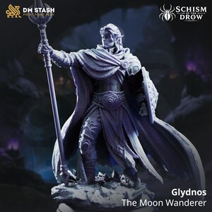 Glydnos Månvandraren - D&D Resinfigur - Omålad Alvminiatyr med Stav och Sköld - DM Stash
