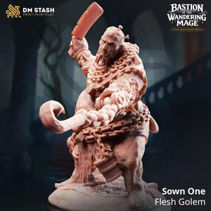 Op de afbeelding: Een licht perzikkleurig miniatuurfiguur van een Sown One Flesh Golem van Bastion of the Wandering Mage. Het figuur houdt een groot hakmes en een haak vast, met kettingen om het lichaam gewikkeld en een emmer die aan de taille hangt.