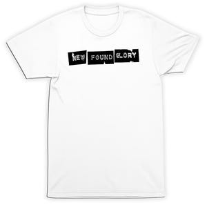May include: A white short-sleeved t-shirt featuring a black rectangular graphic across the chest. The graphic contains the white text "NEW FOUND GLORY" presented in a stylised, distressed font within three separate black rectangular blocks.